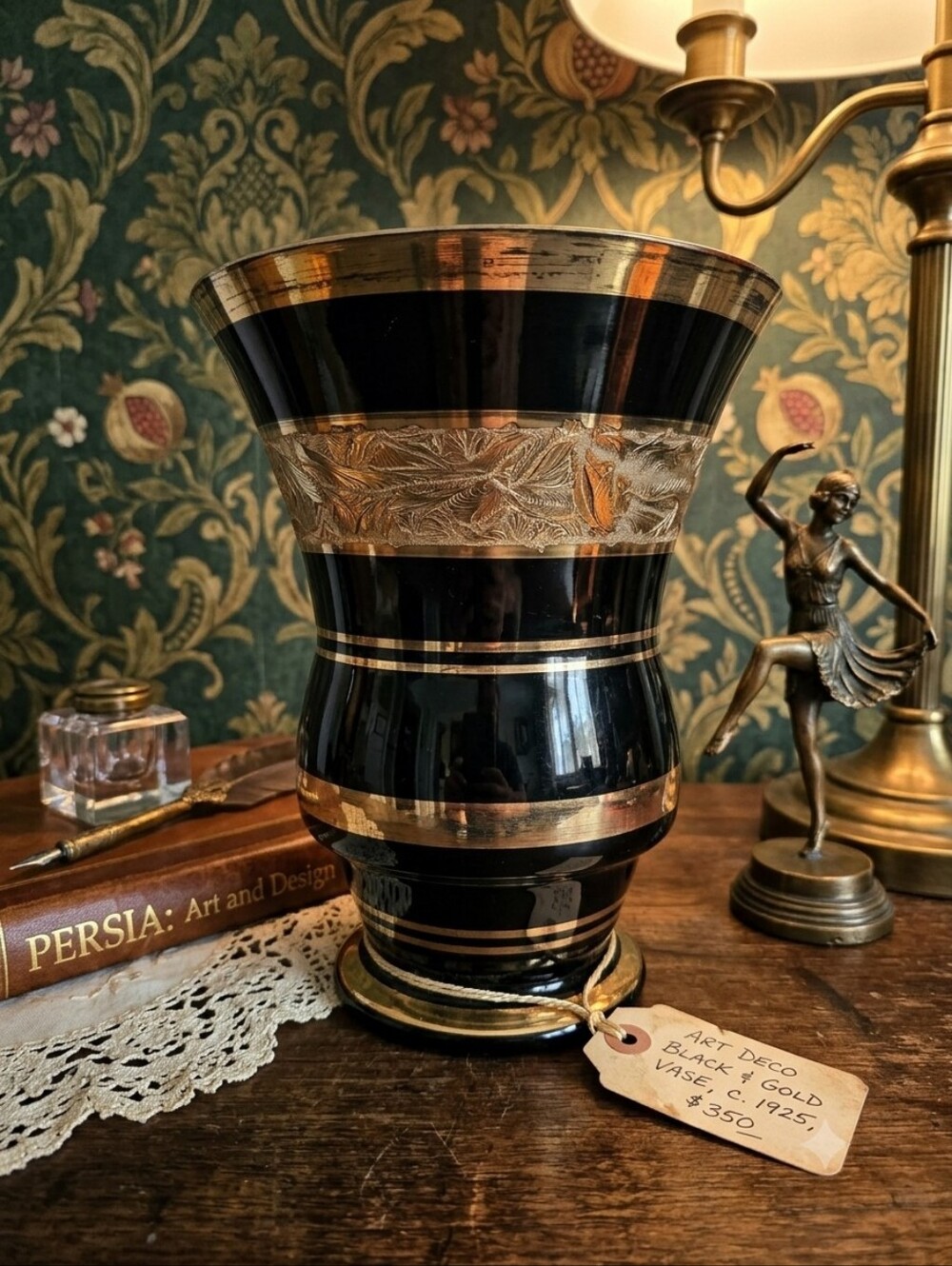 Antique Art Deco De Rupel Boom Belgium Hyalite Black Glass Vase Gold Gilded